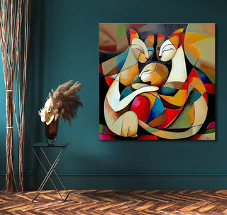 Cubist-style oil painting titled Picasso signature - Cat Lovers 7, depicting three intertwined cats in bold shapes. Mounted on a wooden frame, ready to hang.