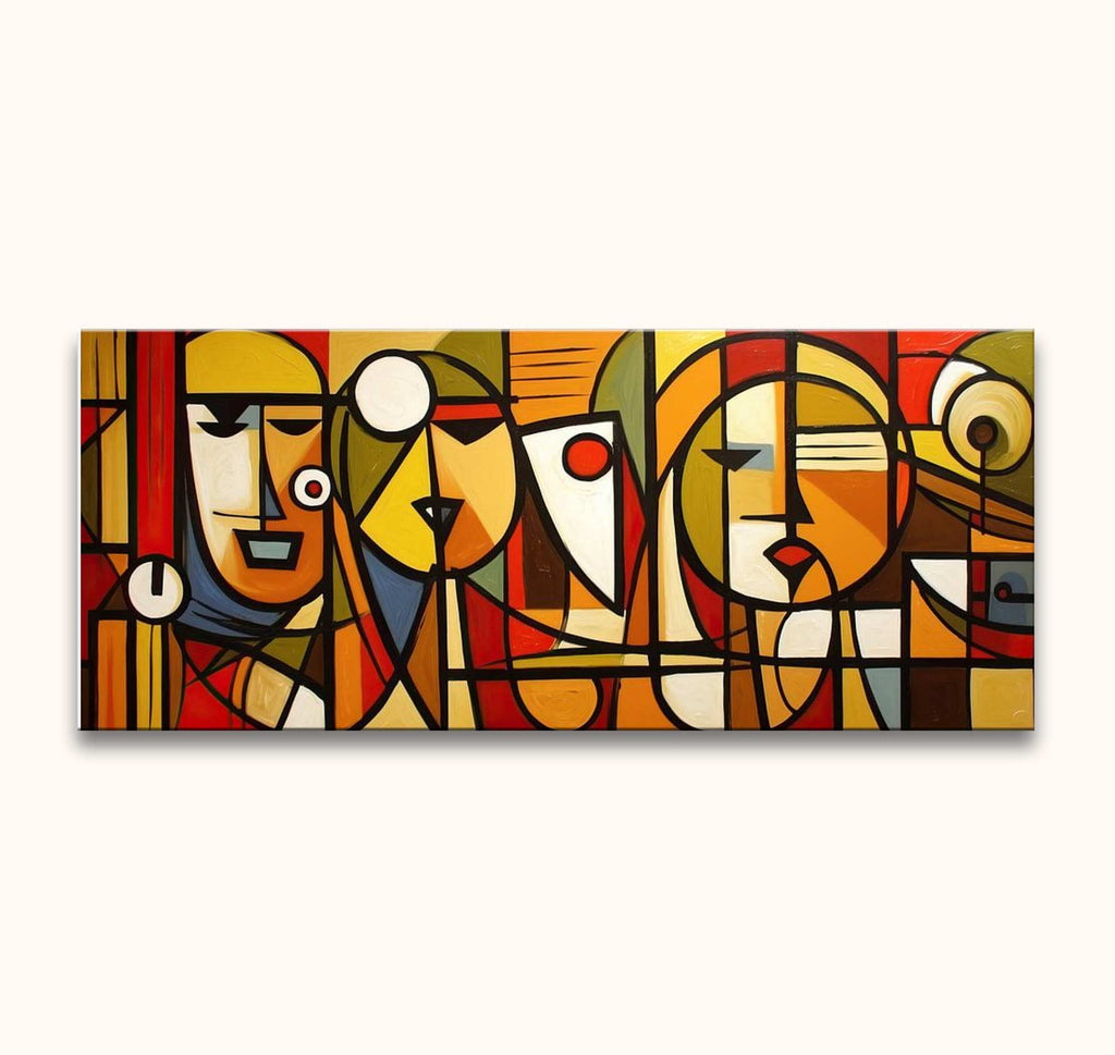 Drie gestileerde gezichten in kubistische stijl, handgeschilderd olieverfschilderij 'Picasso signature - Avond in Barcelona'. Abstracte vormen en warme kleuren op museumkwaliteit canvas.