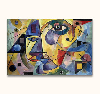 Abstract cubist painting 'Day Dreams' by Picasso signature, featuring geometric shapes and a stylized face in bold colors, hand-painted on museum-quality canvas.