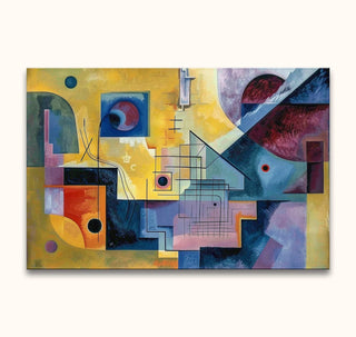 Geometric abstract painting Sweet Home with Picasso signature; vibrant colors, overlapping shapes, and dynamic lines. Hand-painted, ready-to-hang, ideal for modern interiors.