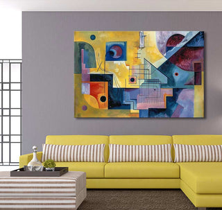 Picasso signature - Sweet Home: Colorful abstract oil painting with geometric shapes on gray wall, enhancing a modern living-room with yellow sofa and striped ottoman.