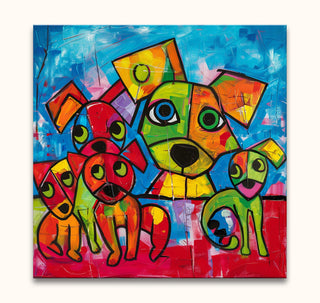 Picasso signature - Dog Lovers 1: Abstract painting with cartoonish dogs in cubist style, bold outlines, on museum-quality canvas, ready to hang. Perfect for modern art lovers.