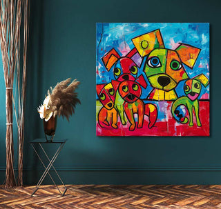 Pop-art style canvas Picasso signature - Dog Lovers 1 with cartoonish dogs, against teal wall, for modern interiors, comes ready to hang, UV-protected.