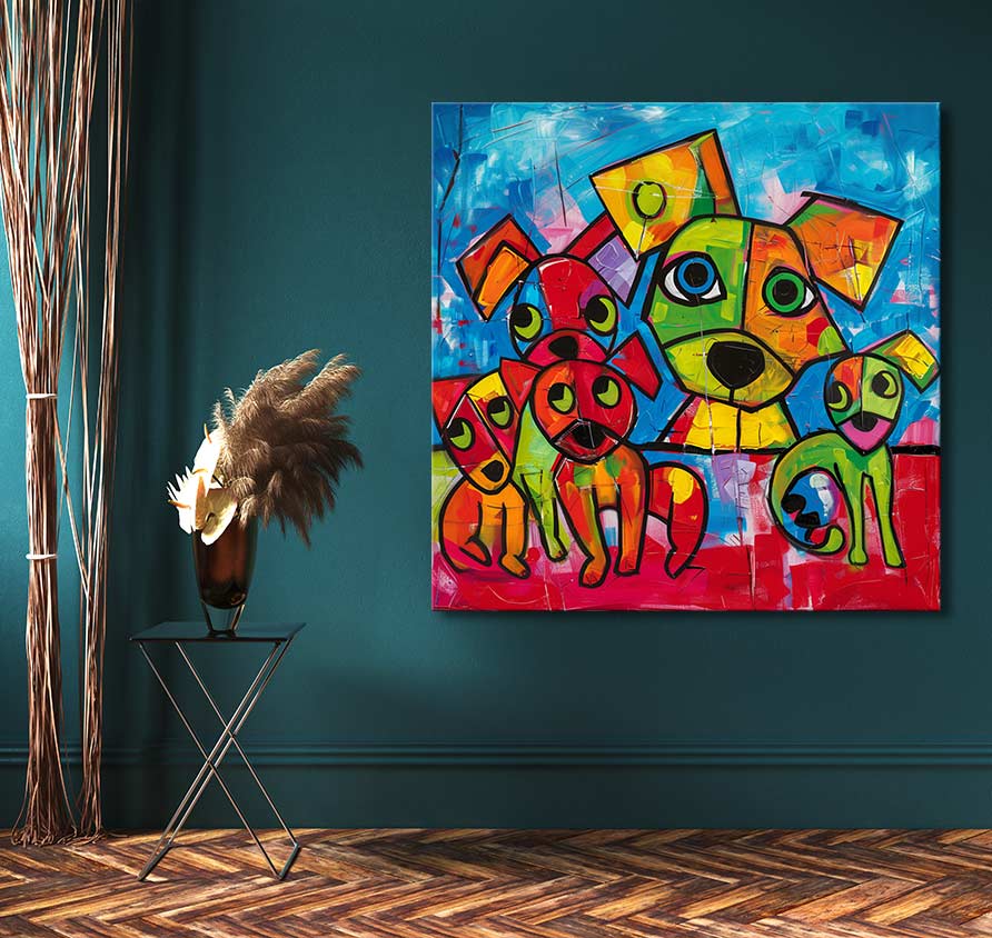 Pop-art style canvas Picasso signature - Dog Lovers 1 with cartoonish dogs, against teal wall, for modern interiors, comes ready to hang, UV-protected.