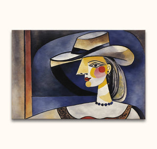 Cubist-style portrait of a woman, inspired by Picasso's 'Portrait of Dora Maar', featuring geometric facial elements and vivid colors. Hand-painted, ready to hang.