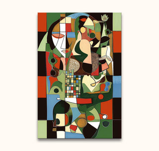 Picasso signature - Curvy Cubism: Abstract painting with geometric and organic shapes, hinting at facial features and objects, evoking a modern cubist still life.