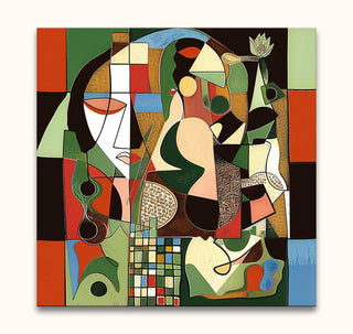 Picasso signature - Curvy Cubism 2: Abstract cubist painting with geometric shapes, stylized face elements, and a guitar silhouette. Hand-painted on museum-quality canvas, ready to hang.