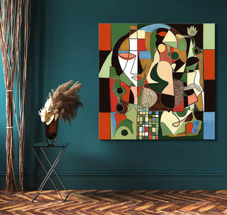 Abstract cubist painting 'Curvy Cubism 2' with geometric shapes and stylized forms, on display above a side table with pampas grass, in a teal interior.