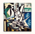 Cubistisch schilderij De Tijd na Guernica met geometrische vormen die een zeilboot suggereren. Handgeschilderd met olieverf op museumkwaliteit canvas, klaar om op te hangen.