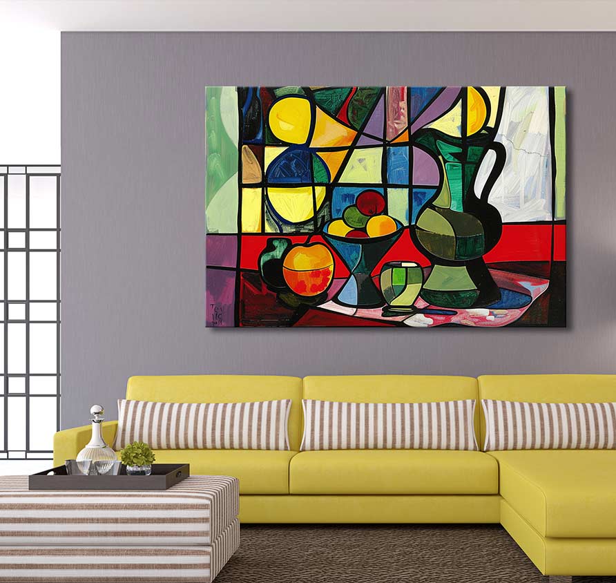 Picasso signature - Stilleven 1: Vibrant abstract cubist still life painting featuring geometric fruit and pitchers, enhancing modern interiors with expressive artistry.