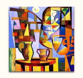 Picasso signature - Stilleven 2: Cubist-style still life with geometric shapes and a profile, hand-painted in oil, ready to hang, UV-protected on museum-quality canvas.