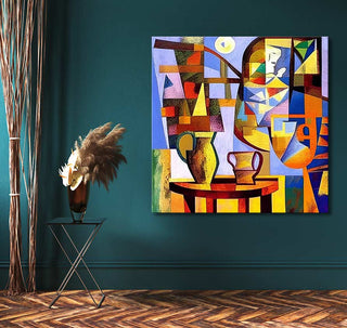 Cubist-inspired painting Stilleven 2 - Picasso signature displayed on a teal wall, showcasing abstracted forms in vibrant colors. Perfect for modern art enthusiasts.