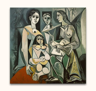 Cubist oil painting titled Picasso signature - Drie Gezusters, featuring abstracted female figures in geometric forms, reflecting modern artistry and expressive energy.