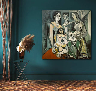 Cubist-style painting Picasso signature - Drie Gezusters with geometric female figures, mounted on teal wall in minimalist room with herringbone floors.