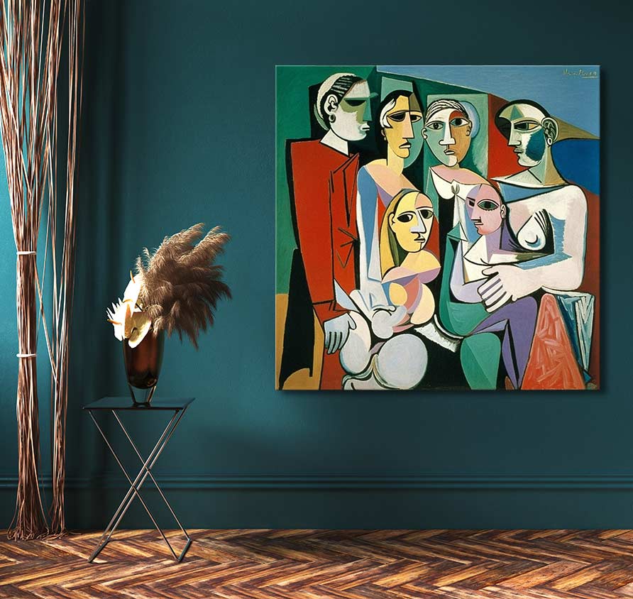 Cubist painting Day at the Museum inspired by Picasso, featuring five figures. Displayed on a teal wall, complemented by a side table with pampas grass.