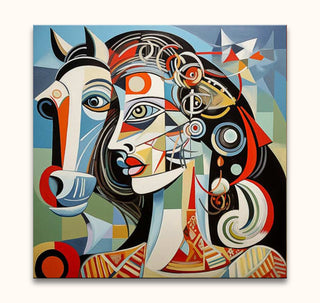 Picasso signature - Dame met Paard: Cubist-style painting featuring interlocking profiles of a woman and horse, expressing dynamic energy. Hand-painted, ready-to-hang.