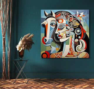 Picasso signature - Dame met Paard: A hand-painted cubist artwork depicting a fragmented face and horse, hung on teal wall, showcasing bold geometric designs.