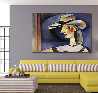 Cubist-style portrait Picasso signature - Portrait of Dora Maar in a contemporary living room, featuring vibrant abstract detailing. Hand-painted, high-quality oil on museum-grade canvas.