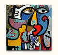 Pablo Picasso signature - Serafina Natalia: Abstract schilderij met kubistische gezichten, levendige kleuren en textuur, handgeschilderd op canvas. Perfect voorbeeld van moderne expressieve kunst.