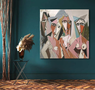 Cubist-style painting, 'Picasso signature - The Ladies of Avignon 2', on teal wall, depicting abstract female figures. Displayed in modern setting with dried botanicals.