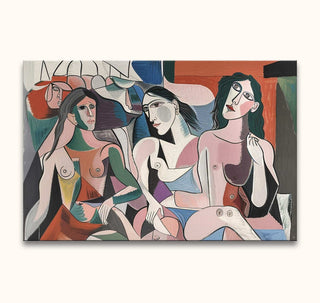 Picasso signature - Ladies of Avignon 3: Three abstract female figures in Cubist style, showcasing dynamic geometric forms, hand-painted on museum-quality canvas.