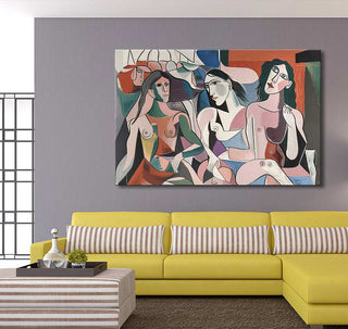 Picasso signature - Ladies of Avignon 3: Hand-painted abstract of nude women in cubist style, displayed above a modern yellow sectional in a sophisticated living room.