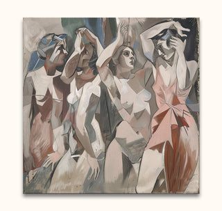 Cubist-style painting with four stylized female figures, titled Picasso signature - The Ladies of Avignon 4. Modern, hand-painted, ready to hang.