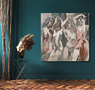 Cubist-inspired painting The Ladies of Avignon 4 by Picasso, featuring abstract female figures. Displayed on a teal wall above a black side table with dried pampas grass.