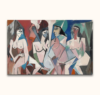 Picasso signature - Ladies of Avignon 5: A Cubist oil painting of four abstract female figures in geometric forms, hand-painted on museum-quality canvas, ready to hang.