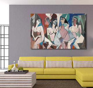 Cubist-style painting 'Ladies of Avignon 5' by Picasso, featuring five semi-figurative nudes. High-quality oil on canvas, ready to hang, perfect for modern interiors.