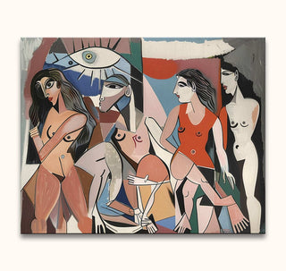 Cubist-inspired painting of five abstract female figures, echoing Picasso's style. Hand-painted oil on canvas titled Picasso Signature - The Ladies of Avignon 6.
