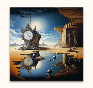 Salvador Dali signature - Clock: Surreal landscape with antique clock, mirrored in water, polished spheres, and distant mesas. Hand-painted on museum-quality canvas.