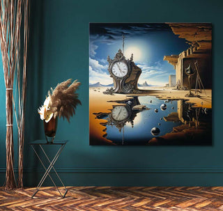 Surreal desert scene painting titled Salvador Dali signature - Clock with reflective pool, antique clock, metal spheres, and mesas, enhancing minimalist interior design.