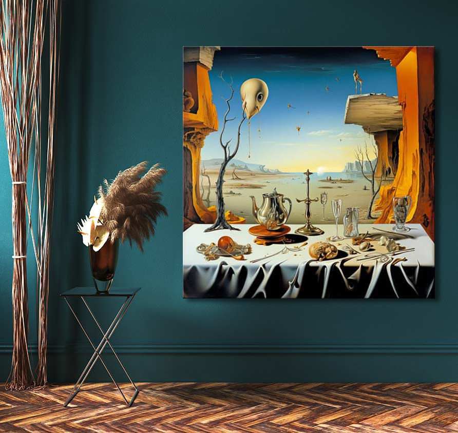 Surrealist painting 'Het Avondmaal' by Salvador Dali, featuring a barren landscape with still life and abstract elements, leaning against a teal wall.