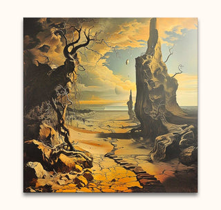 Surreal landscape painting Droom Landschap by Salvador Dali, featuring cracked earth, gnarled trees, rock spires, and a tiny figure. Hand-painted, ready to hang.
