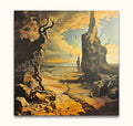 Surreal landscape painting Droom Landschap by Salvador Dali, featuring cracked earth, gnarled trees, rock spires, and a tiny figure. Hand-painted, ready to hang.