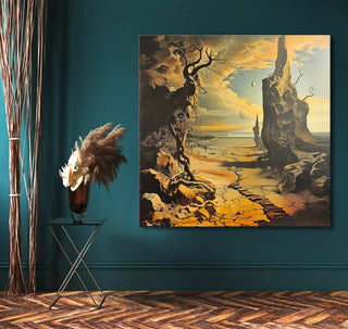Surreal landscape painting 'Droom Landschap' with barren trees and rock spires, inspired by Salvador Dali. Displayed on a teal wall with a black side table.