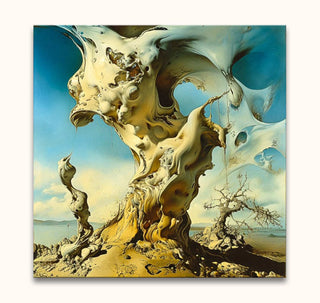 Surreal landscape artwork titled Daydream by Salvador Dali. Features a twisting column and gnarled tree, oil-painted on museum-quality canvas.