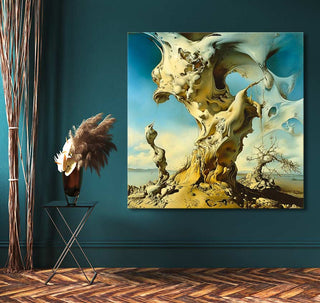 Surrealist painting Daydream by Salvador Dali, featuring a melting form in a desert landscape, mounted on a teal wall with modern decor.