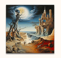 Surreal landscape painting Landschap van de Nacht with skull tree, figures, ruins, and spheres. Salvador Dali-inspired oil artwork on museum-quality canvas.