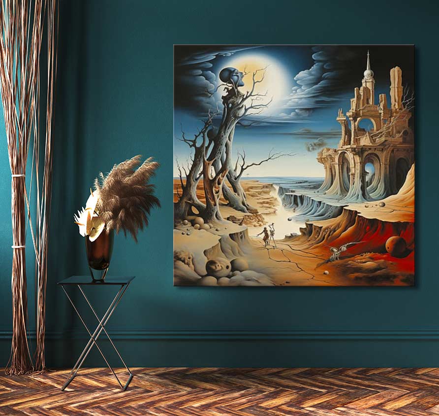 Surrealist landscape oil painting, Landschap van de Nacht by Salvador Dali, featuring moonlit sky, gnarled tree, and castle ruins. Ideal for modern art lovers.