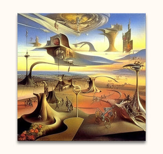 Surreal landscape painting with Salvador Dali signature, titled 'Lucid Dream'; features whimsical, organic structures and a lone bicycle, capturing dreamlike imagination.