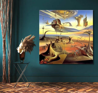 Surreal-style painting Lucid Dream with Salvador Dali signature, depicting a dreamlike desert landscape. Features professional oil on wood-framed, ready-to-hang canvas.