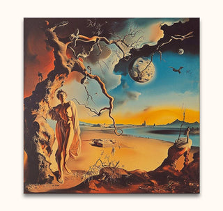 Surreal painting The Waiting Lady by Salvador Dali; features a nude woman by a twisted tree, barren landscape, celestial spheres. Oil on canvas, ready to hang.