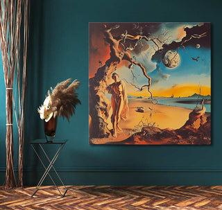 Surrealist oil painting, The Waiting Lady by Salvador Dali, featuring a floating tree and draped figure in a dream-like landscape. Perfect for art enthusiasts.