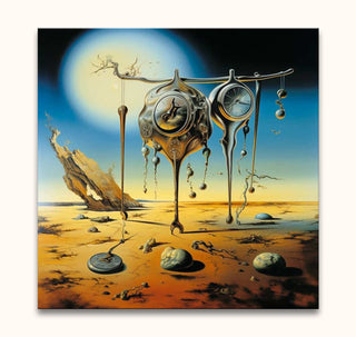Surreal Salvador Dali-inspired landscape with melting clocks on a desert floor; hand-painted oil on canvas, ready to hang. Perfect for modern art lovers.