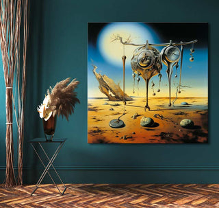 Surrealist oil painting 'Clocks' inspired by Salvador Dali; barren desert with organic-mechanical forms. Hand-painted, ready to hang on a dark teal wall.