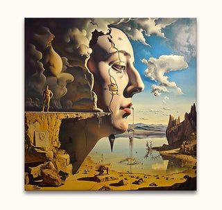 Surreal landscape featuring a colossal sculptural profile of a woman’s face. Inspired by Salvador Dali, titled Dora's Face. Hand-painted oil art.