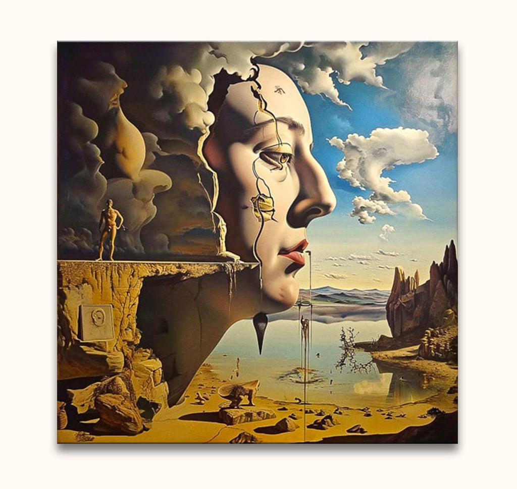 Surreal landscape featuring a colossal sculptural profile of a woman’s face. Inspired by Salvador Dali, titled Dora's Face. Hand-painted oil art.