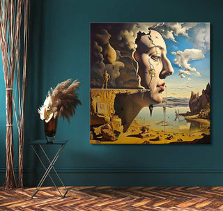 Surrealist landscape painting Dora's Face with a giant stone profile, tiny figure, arid plain, and water. Inspired by Salvador Dali, ready to hang.